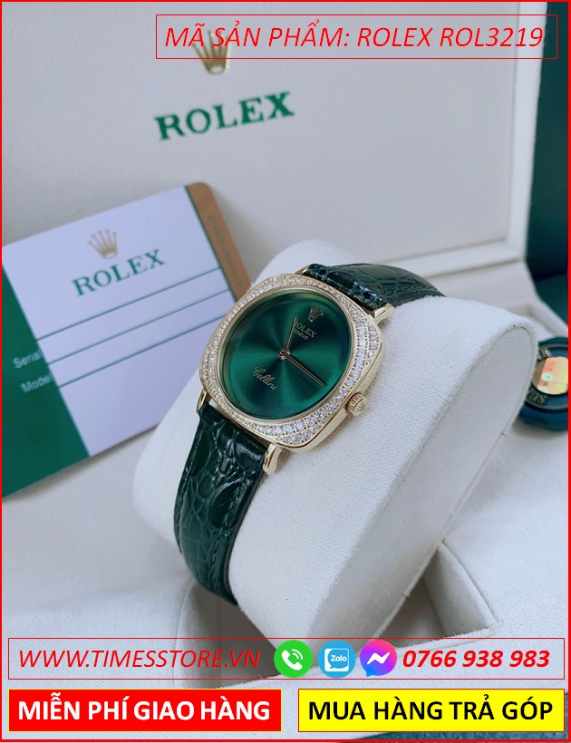 dong-ho-nu-rolex-f1-cellini-mat-vuong-dinh-da-day-xanh-la-timesstore-vn