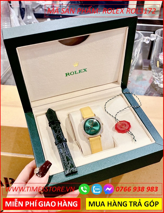 dong-ho-nu-rolex-f1-cellini-mat-vuong-xanh-la-day-da-vang-timesstore-vn