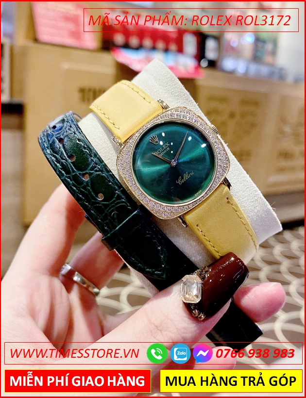 dong-ho-nu-rolex-f1-cellini-mat-vuong-xanh-la-day-da-vang-timesstore-vn