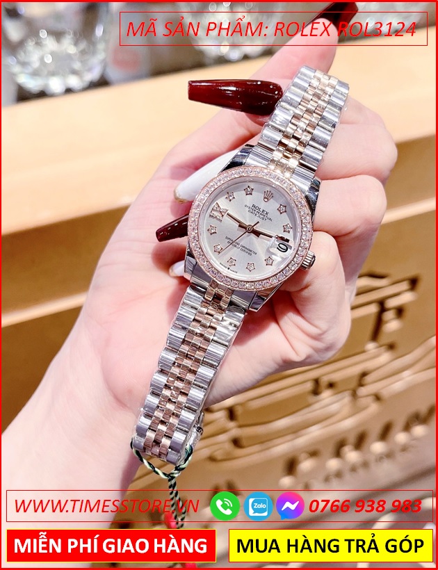 dong-ho-nu-rolex-f1-datejust-automatic-mat-trang-dinh-da-day-demi-timesstore-vn