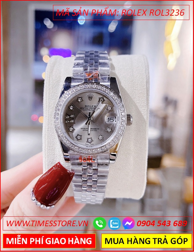 dong-ho-nu-rolex-f1-mat-tron-xam-dinh-da-day-kim-loai-timesstore-vn