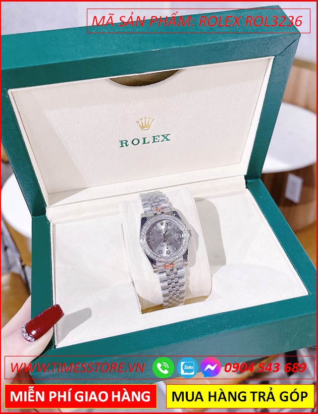 dong-ho-nu-rolex-f1-mat-tron-xam-dinh-da-day-kim-loai-timesstore-vn