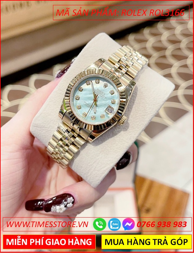 dong-ho-nu-rolex-f1-mat-xanh-ngoc-nieng-khia-day-vang-gold-timesstore-vn