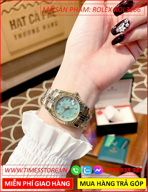 dong-ho-nu-rolex-f1-mat-xanh-ngoc-nieng-khia-day-vang-gold-timesstore-vn