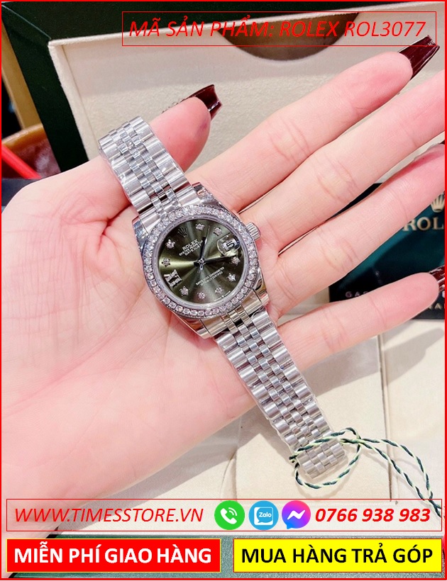 dong-ho-nu-rolex-lady-date-just-f1-automatic-mat-xanh-day-kim-loai-timesstore-vn
