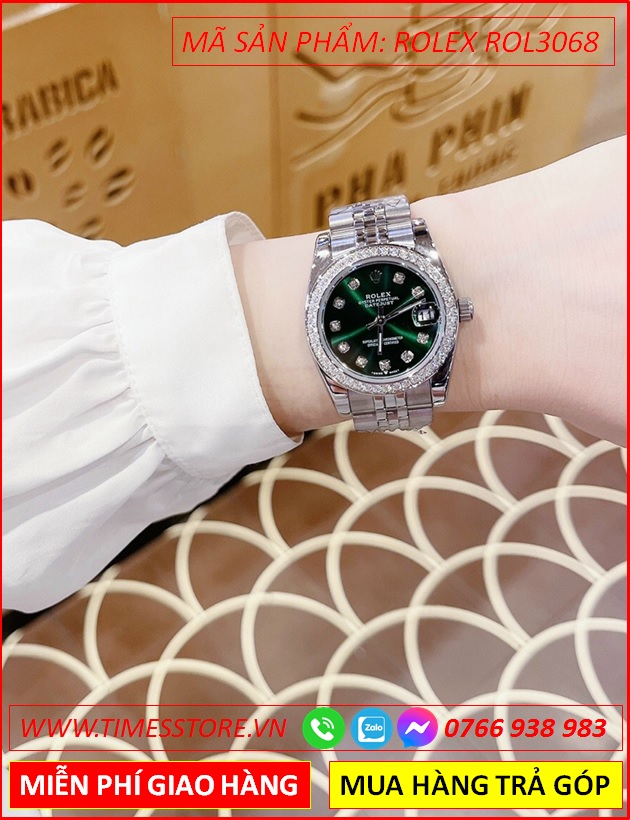 dong-ho-nu-rolex-lady-datejust-f1-mat-xanh-la-day-kim-loai-timesstore-vn