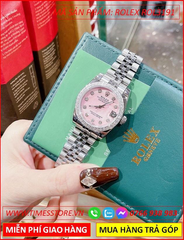 dong-ho-nu-rolex-mat-hong-dinh-da-day-kim-loai-timesstore-vn