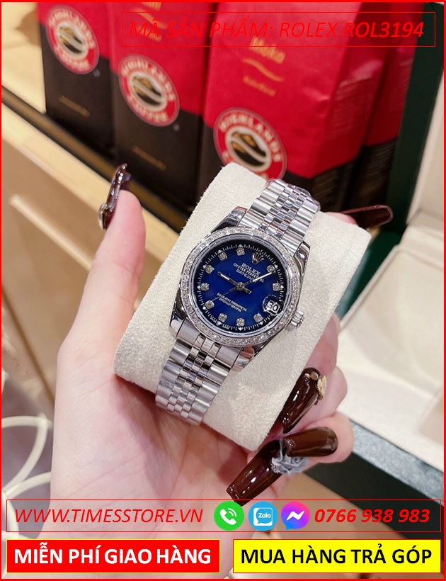 dong-ho-nu-rolex-mat-xanh-dinh-da-day-kim-loai-timesstore-vn