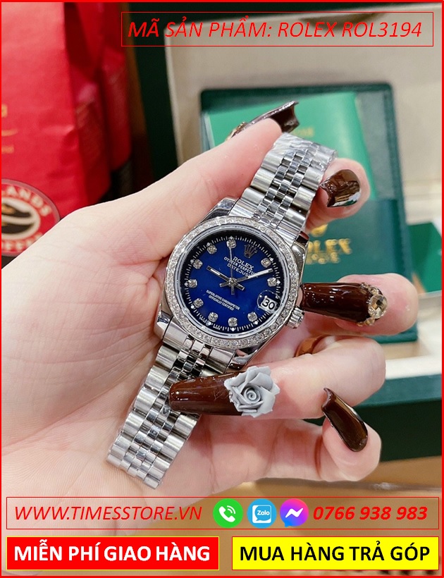 dong-ho-nu-rolex-mat-xanh-dinh-da-day-kim-loai-timesstore-vn