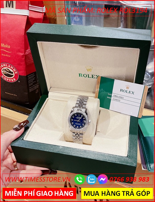 dong-ho-nu-rolex-mat-xanh-dinh-da-day-kim-loai-timesstore-vn