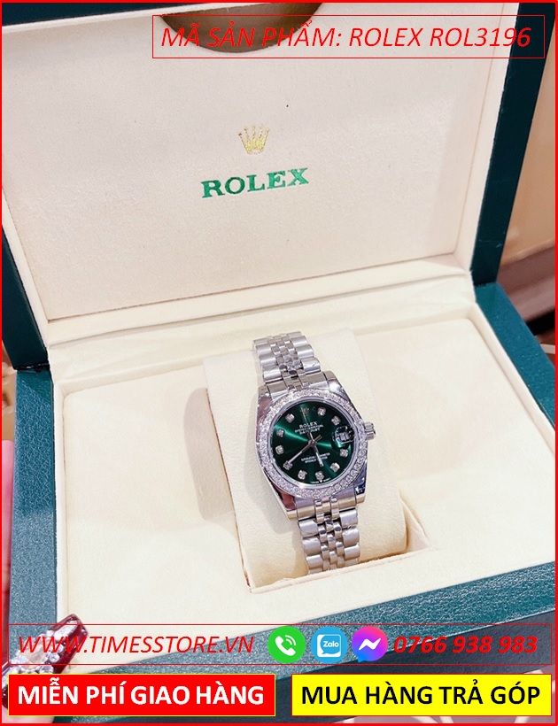 dong-ho-nu-rolex-mat-xanh-la-dinh-da-day-kim-loai-timesstore-vn