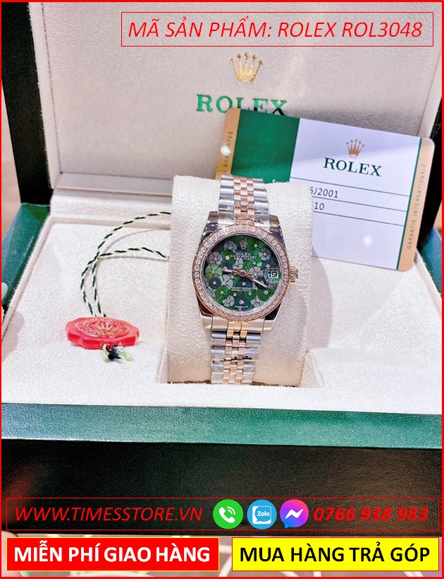 dong-ho-nu-rolex-season-sieu-cap-replica-1-1-mat-bong-hoa-xanh-la-day-demi-rose-gold-timesstore-vn