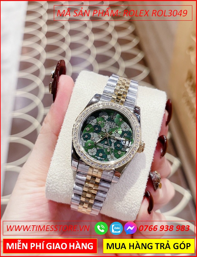 dong-ho-nu-rolex-season-sieu-cap-replica-1-1-mat-bong-hoa-xanh-la-day-demi-vang-gold-timesstore-vn