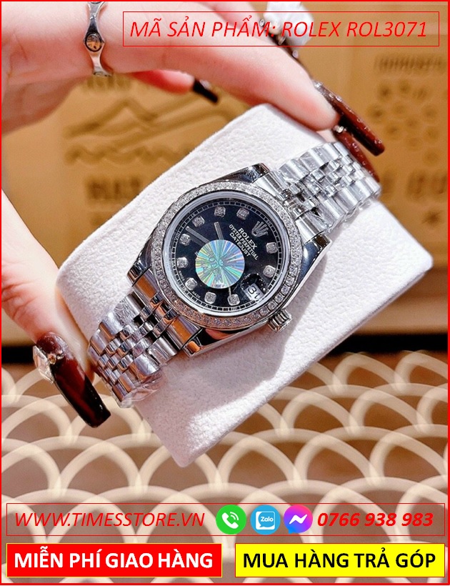 dong-ho-nu-rolex-sieu-cap-f1-mat-mau-den-dinh-da-day-kim-loai-timesstore-vn