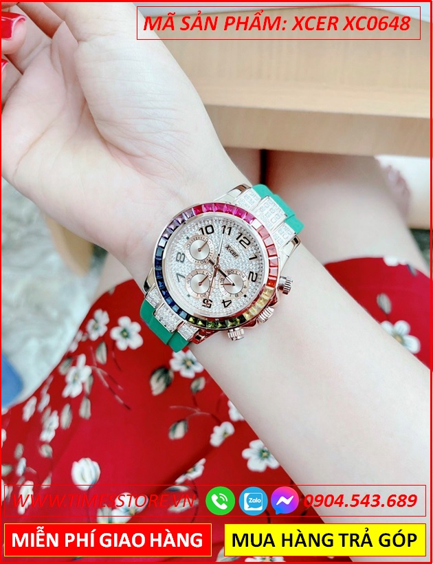 dong-ho-nu-xcer-tua-rolex-dinh-da-nhieu-mau-rose-gold-day-cao-su-xanh-timesstore-vn