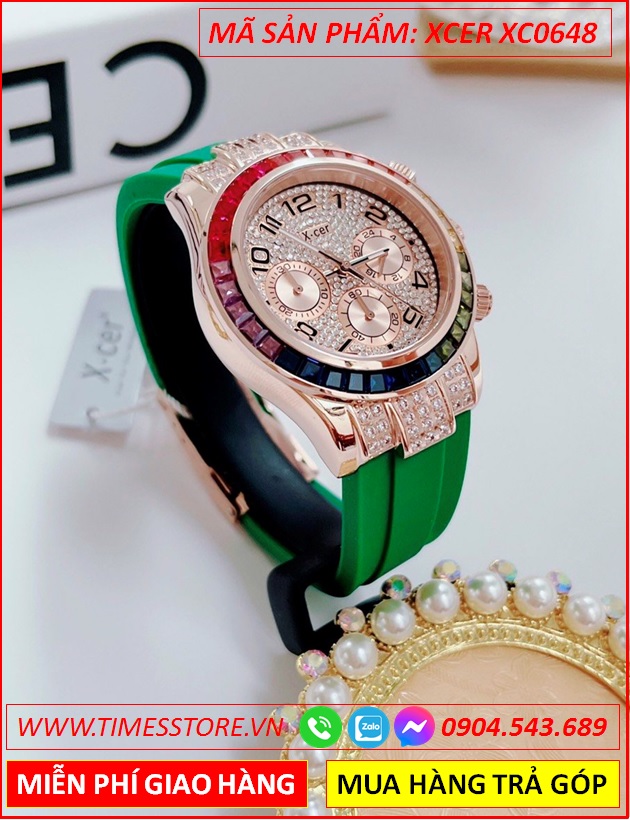 dong-ho-nu-xcer-tua-rolex-dinh-da-nhieu-mau-rose-gold-day-cao-su-xanh-timesstore-vn