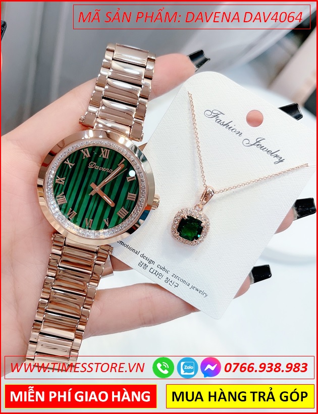 set-dong-ho-nu-davena-mat-xanh-la-day-kim-loai-rose-gold-timesstore-vn