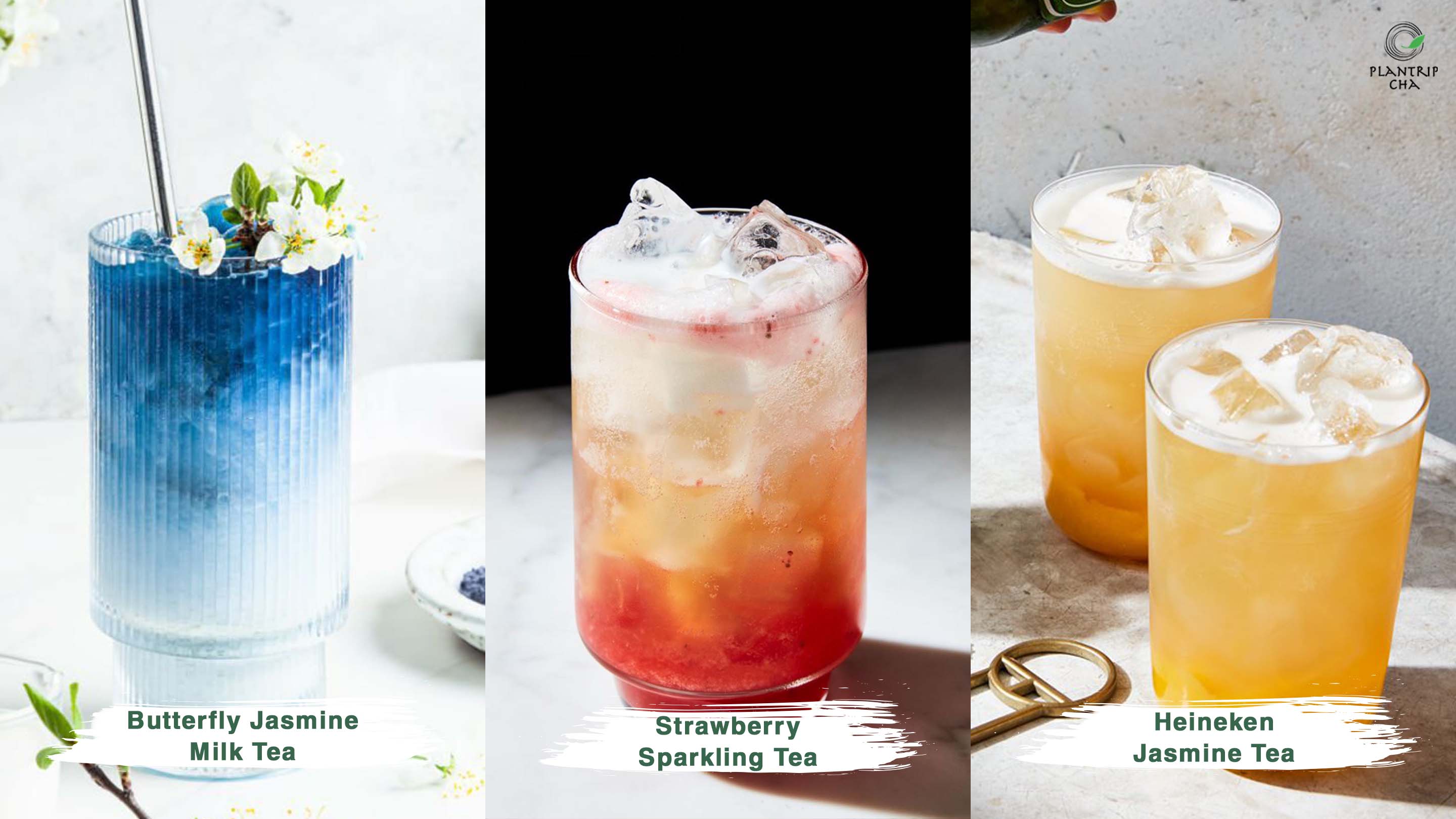Các tuyệt phẩm làm từ Trà Xanh Lài Butterfly Jasmine Milk Tea, Strawberry Sparkling Tea, Heineken Jasmine Tea.