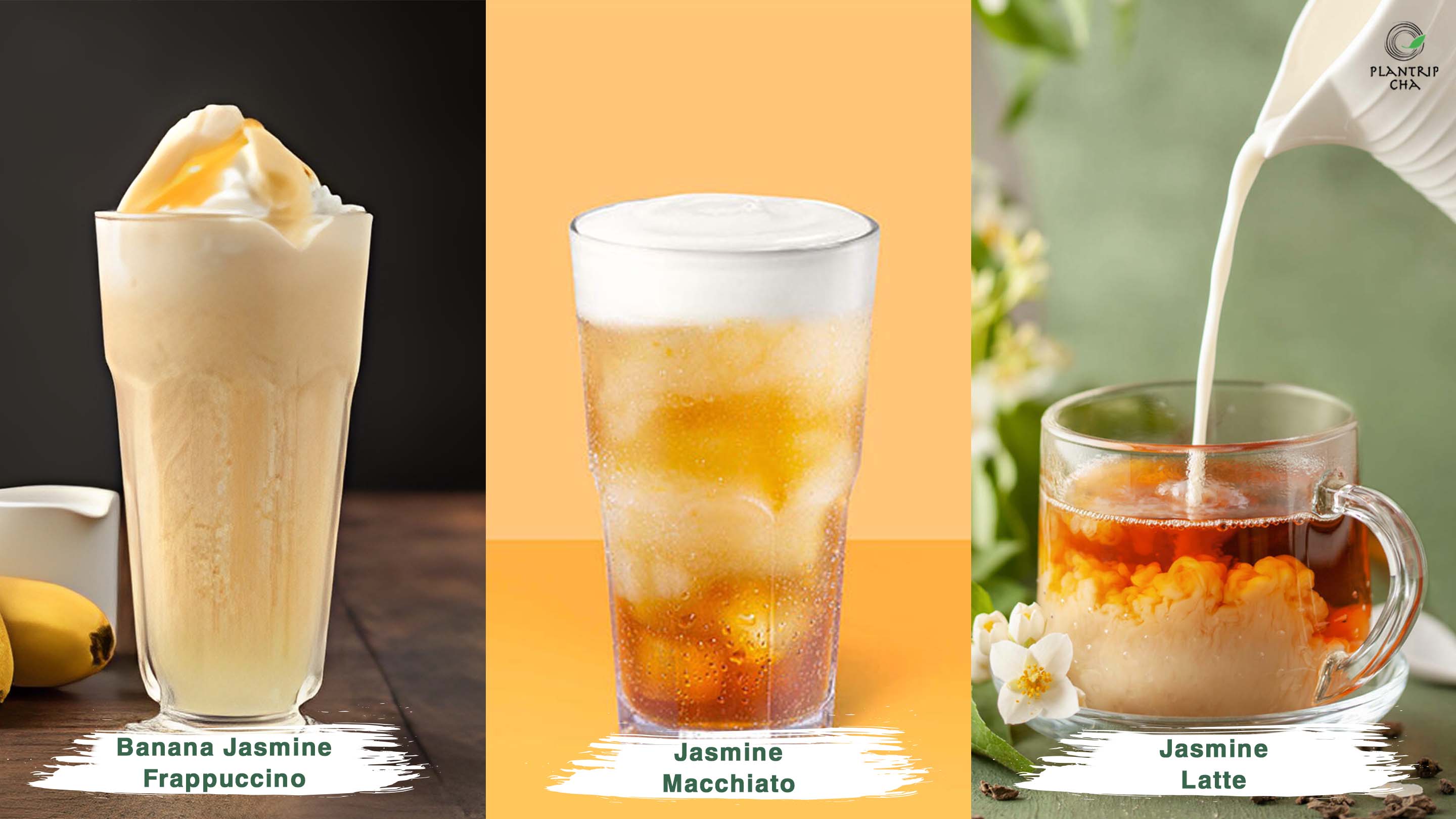 Các tuyệt phẩm làm từ Trà Xanh Lài Banana Jasmine Frappuccino, Jasmine Macchiato, Jasmine Latte.