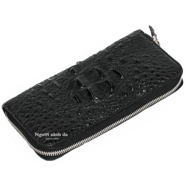 Ví cầm tay da cá sấu thật 1 khuôn màu đen