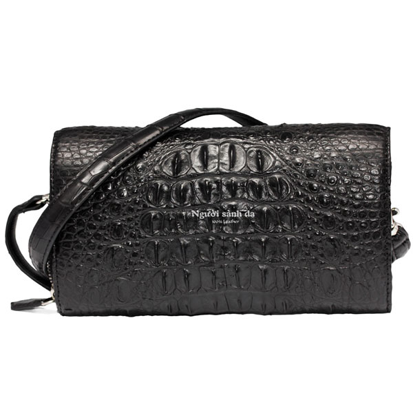 Ví gấp 3 da cá sấu thật gù gai màu đen