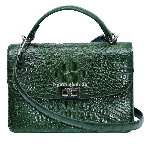 Túi da cá sấu thật gù gai màu xanh