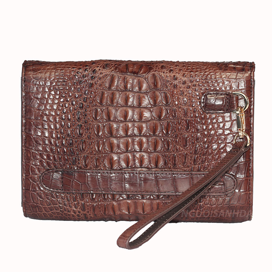 Ví cầm tay da cá sấu thật màu nâu