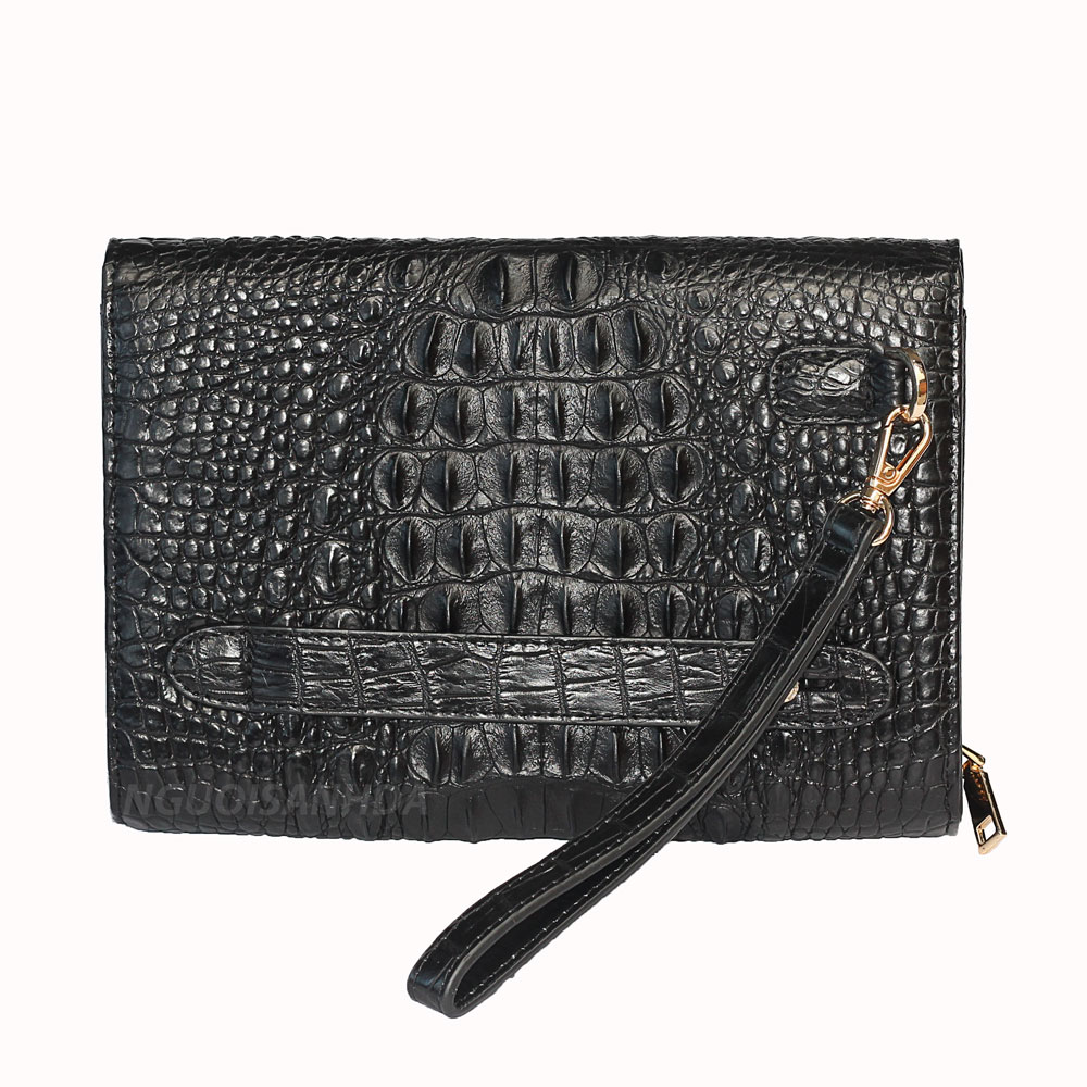 Ví cầm tay nam da cá sấu màu đen