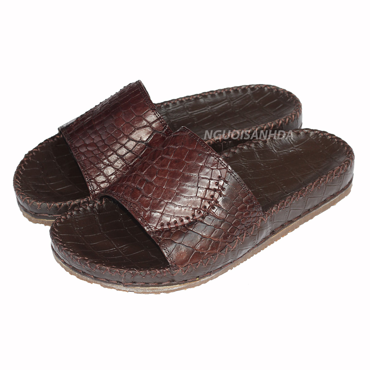 Dép da cá sấu trơn màu nâu