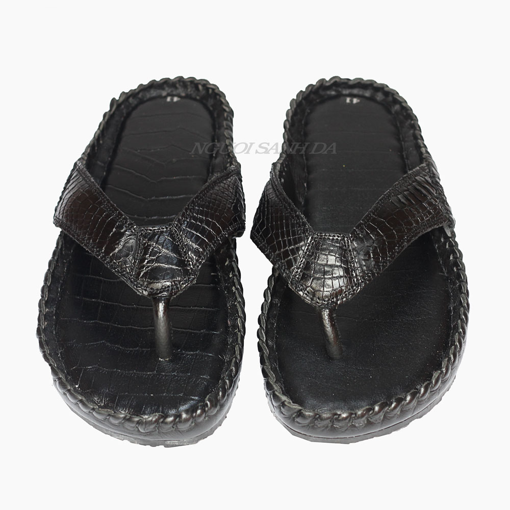 Dép kẹp màu đen đan viền da cá sấu thật Người Sành Da
