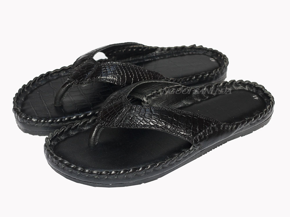 Dép kẹp da cá sấu đan viền màu đen