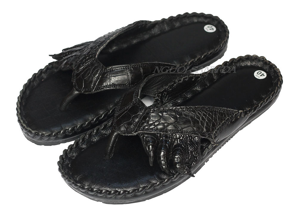 Dép kẹp móng da cá sấu đan viền màu đen
