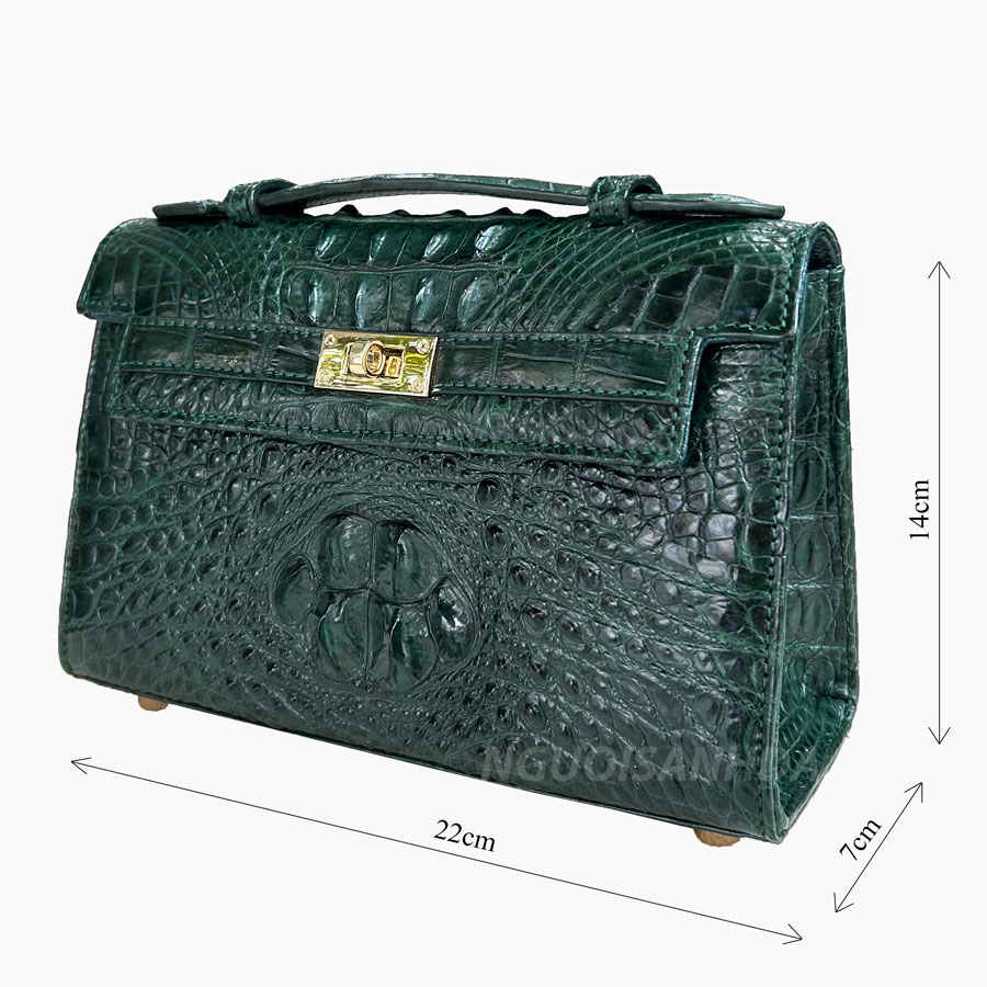 Túi xách da cá sấu size 22 màu xanh rêu