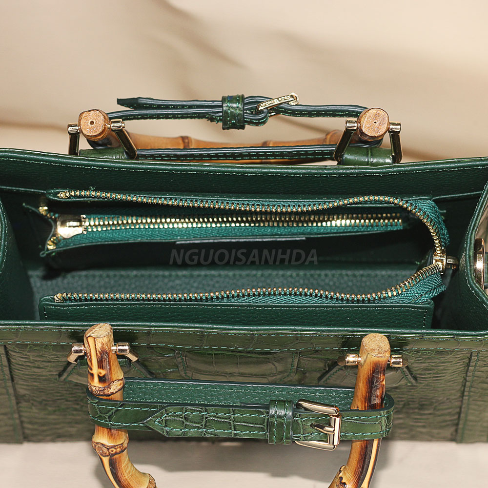 Túi xách da cá sấu màu xanh rêu quai trúc