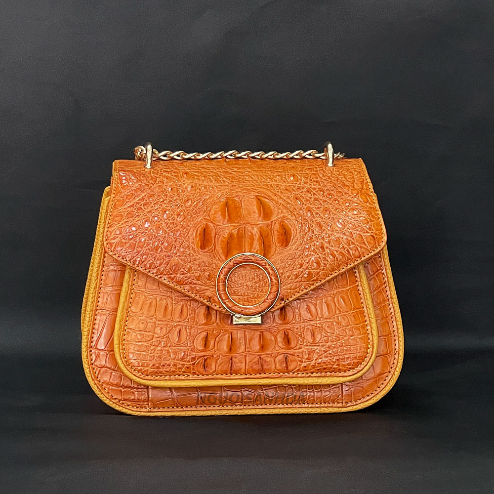 Túi đeo chéo da cá sấu thật màu vàng cam