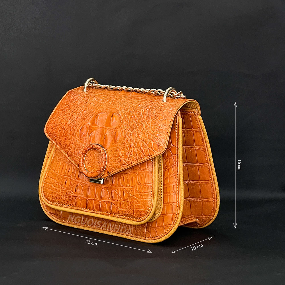 Túi đeo chéo nữ da cá sấu màu vàng cam