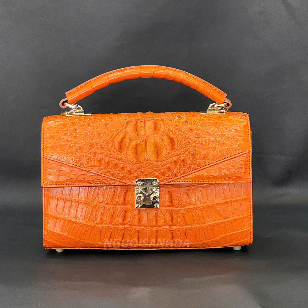 Túi xách nữ da cá sấu màu vàng cam