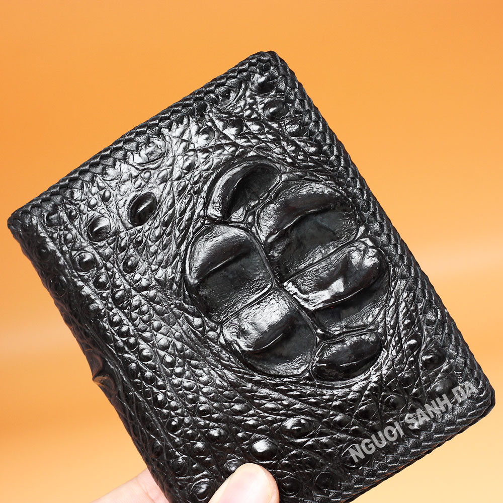 Bóp đứng da cá sấu thật đan viền màu đen