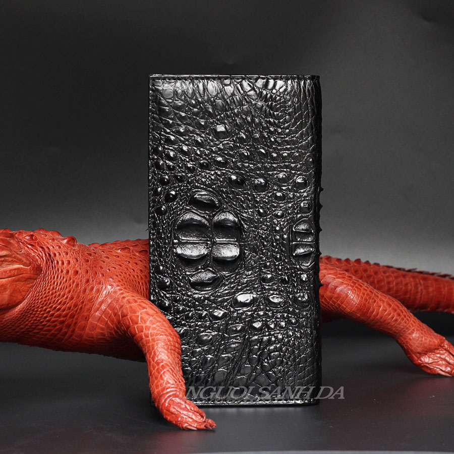 Ví cầm tay gấp 2 gù gai màu đen da cá sấu