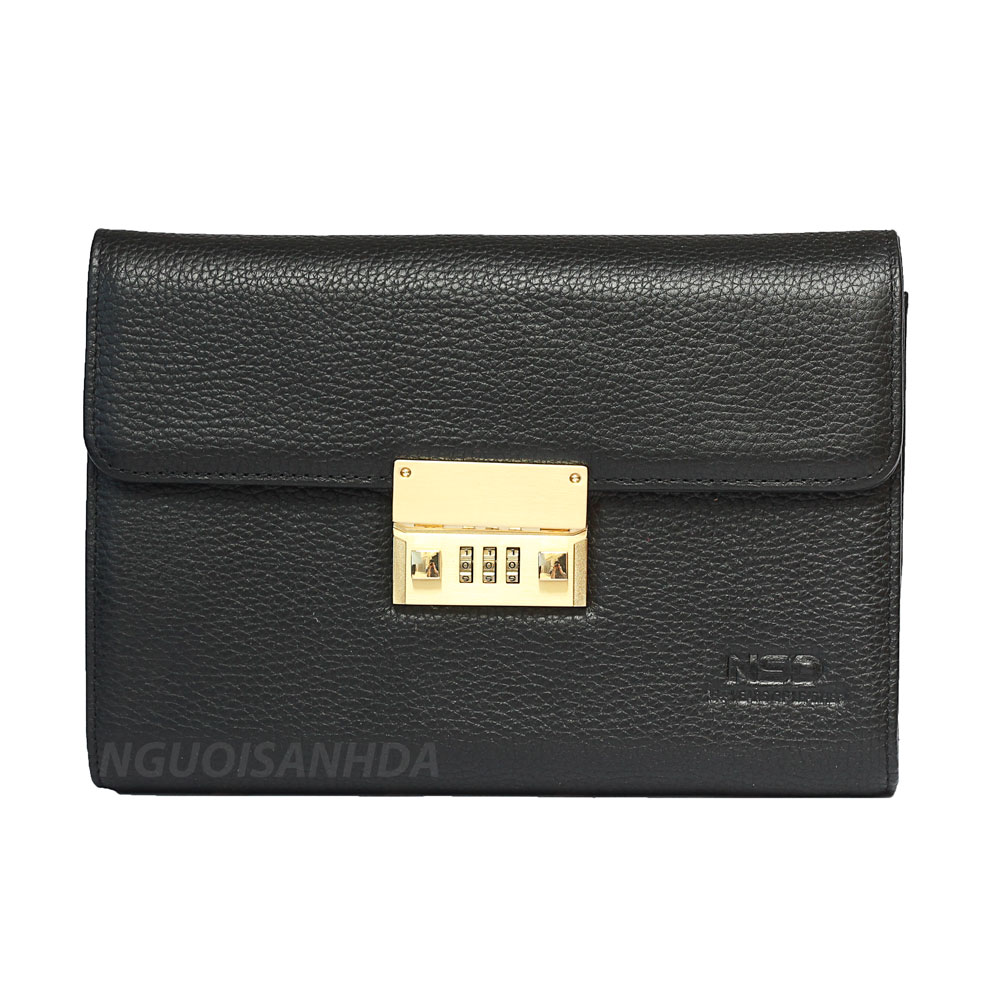 Ví cầm tay nam da bò khóa số màu đen