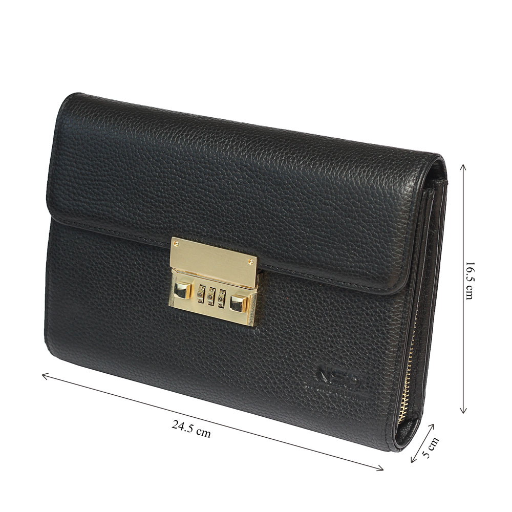 Ví cầm tay nam da bò khóa số màu đen