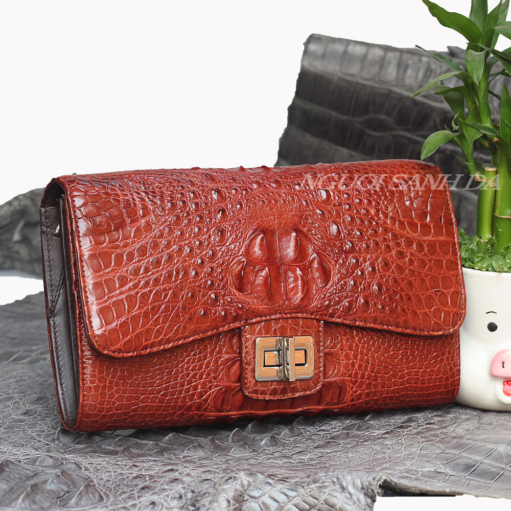 Ví nữ cầm tay gấp 3 bản lớn da cá sấu