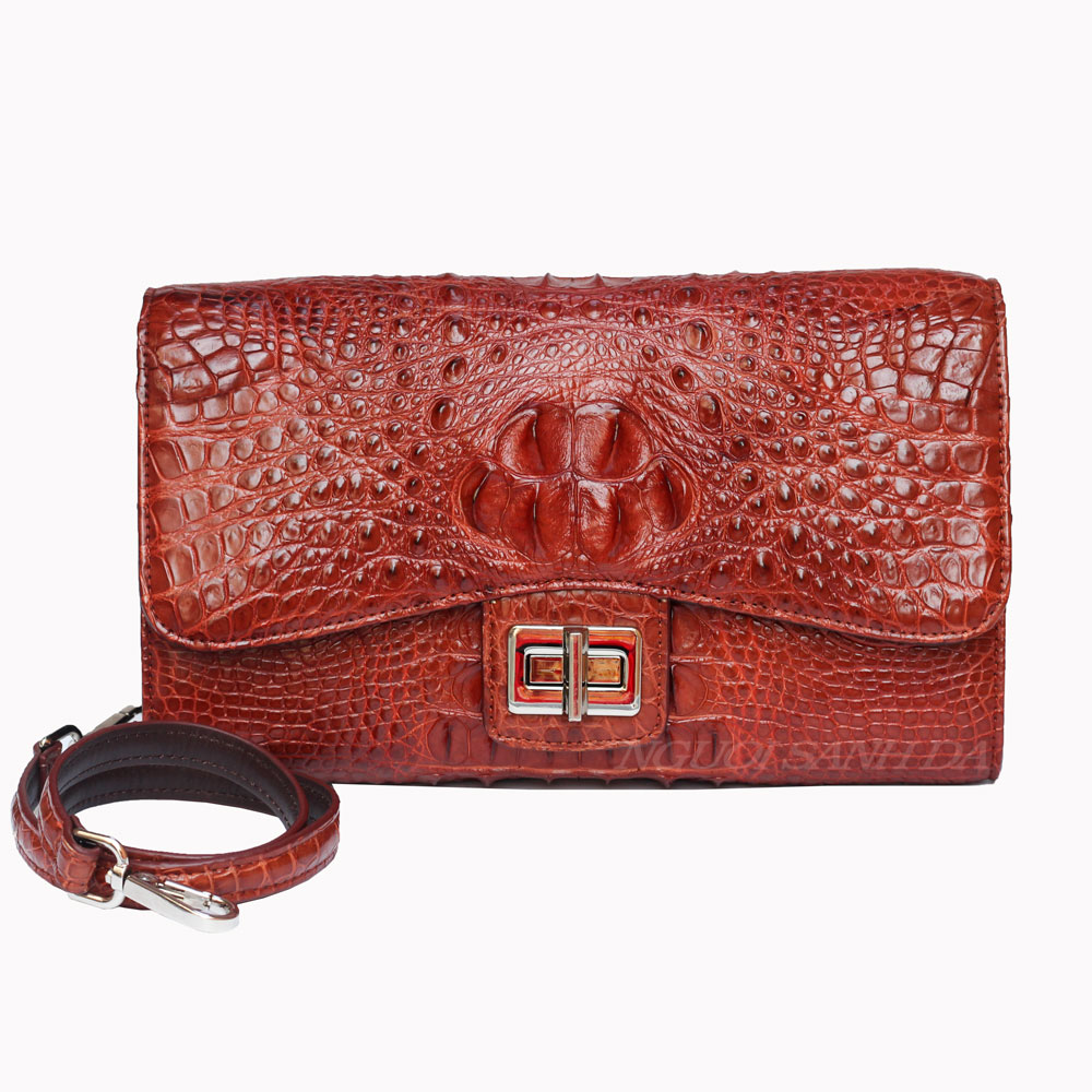 Ví cầm tay da cá sấu thật gù gai màu nâu đỏ