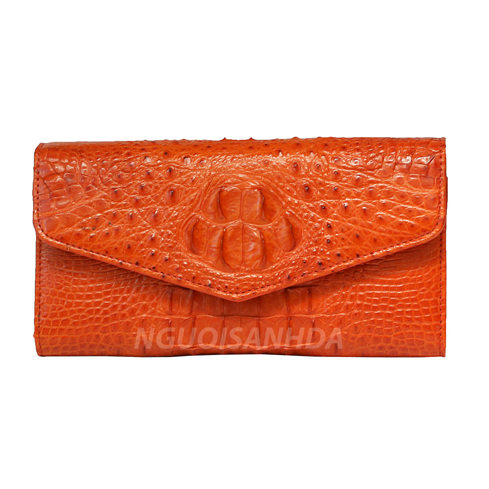 Ví nữ cầm tay gấp 3 da cá sấu màu da cam