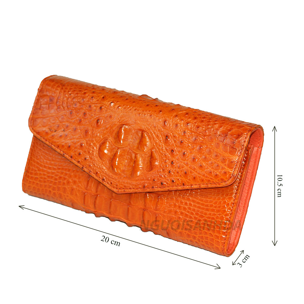 Kích thước ví nữ cầm tay da cá sấu gấp 3 màu da cam
