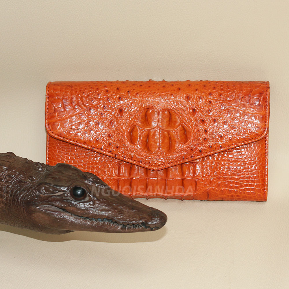 Ví nữ cầm tay gấp 3 da cá sấu màu da cam