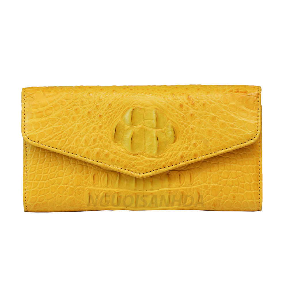 Ví cầm tay gấp 3 da cá sấu màu vàng