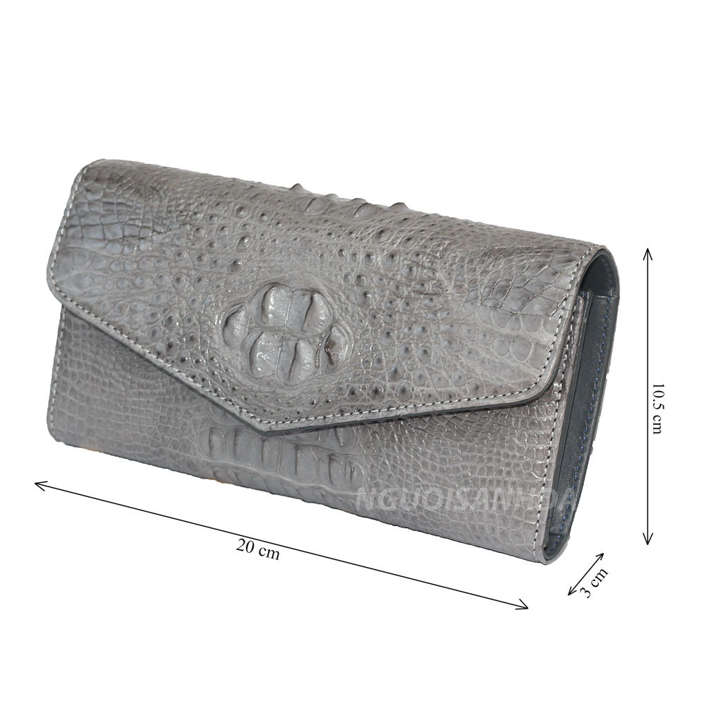Kích thước ví cầm tay da cá sấu gấp 3 màu xám