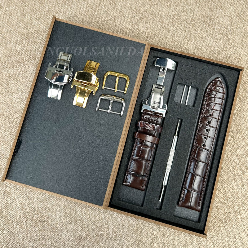 Dây đồng hồ da cá sấu vân đốt tre khóa bướm