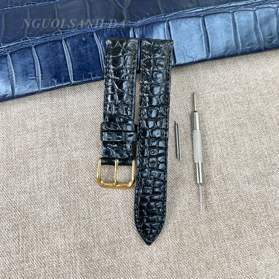 Dây đồng hồ da cá sấu cao cấp màu đen